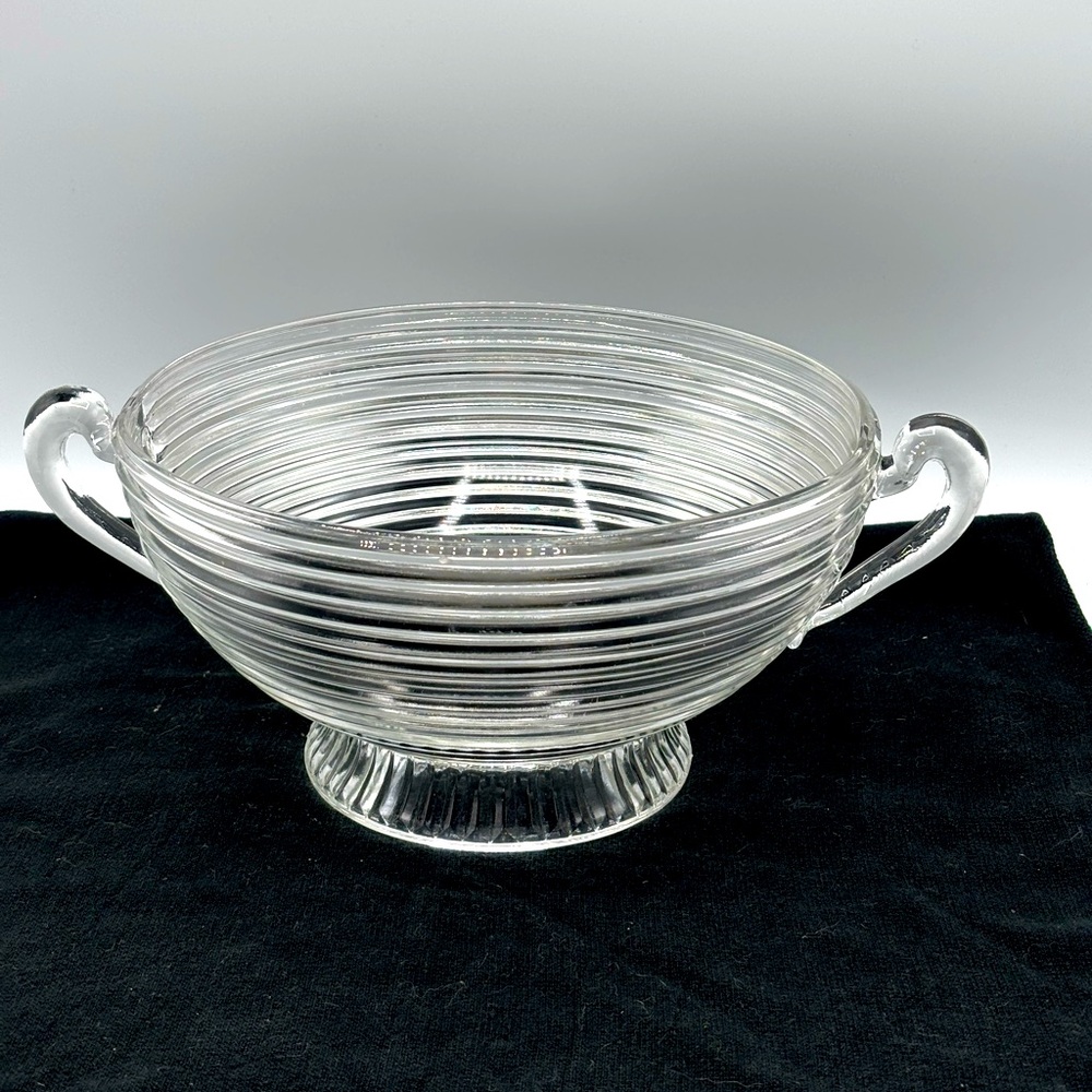 1930s Anchor Hocking Manhattan clear pedestal glass bowl 2 handles 5"x9"